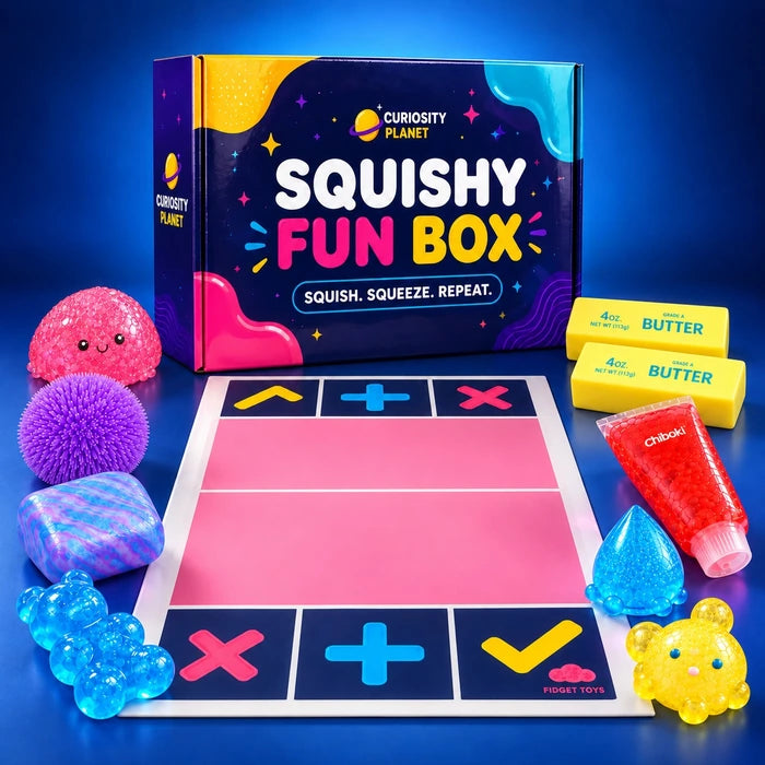 Squishy Fun Box with squishies and the Fidget Trading Mat