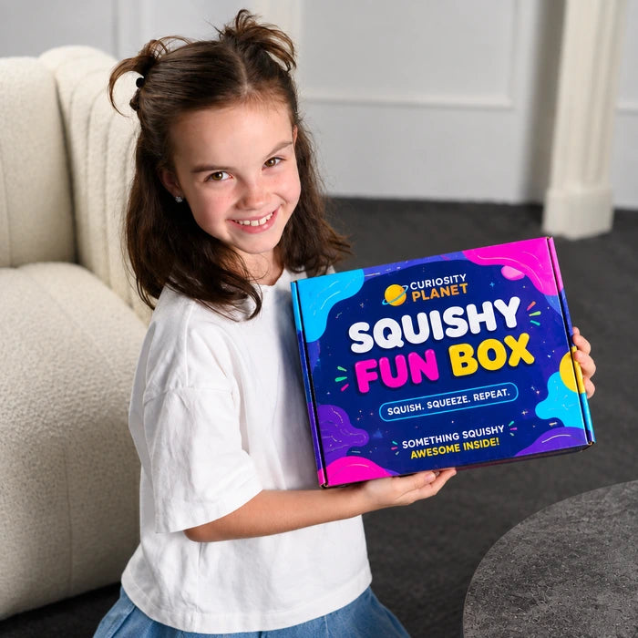 Girl holding the Curiosity Planet Squishy Fun Box